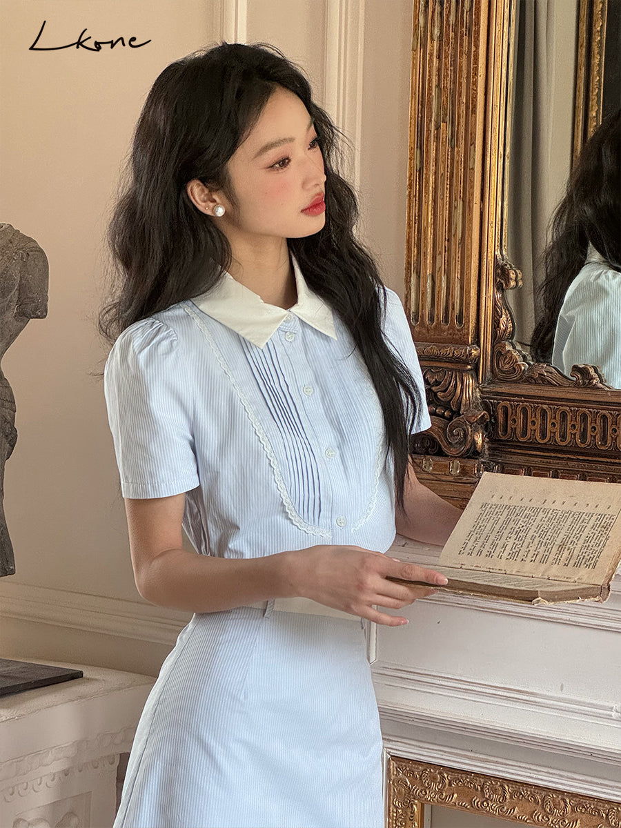 Cropped Two-Tone Pintuck Blouse & Midi Skirt
