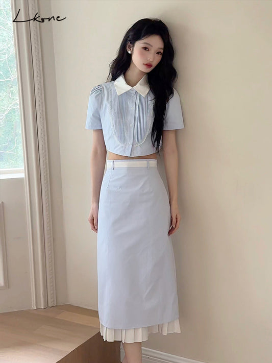 Cropped Two-Tone Pintuck Blouse & Midi Skirt