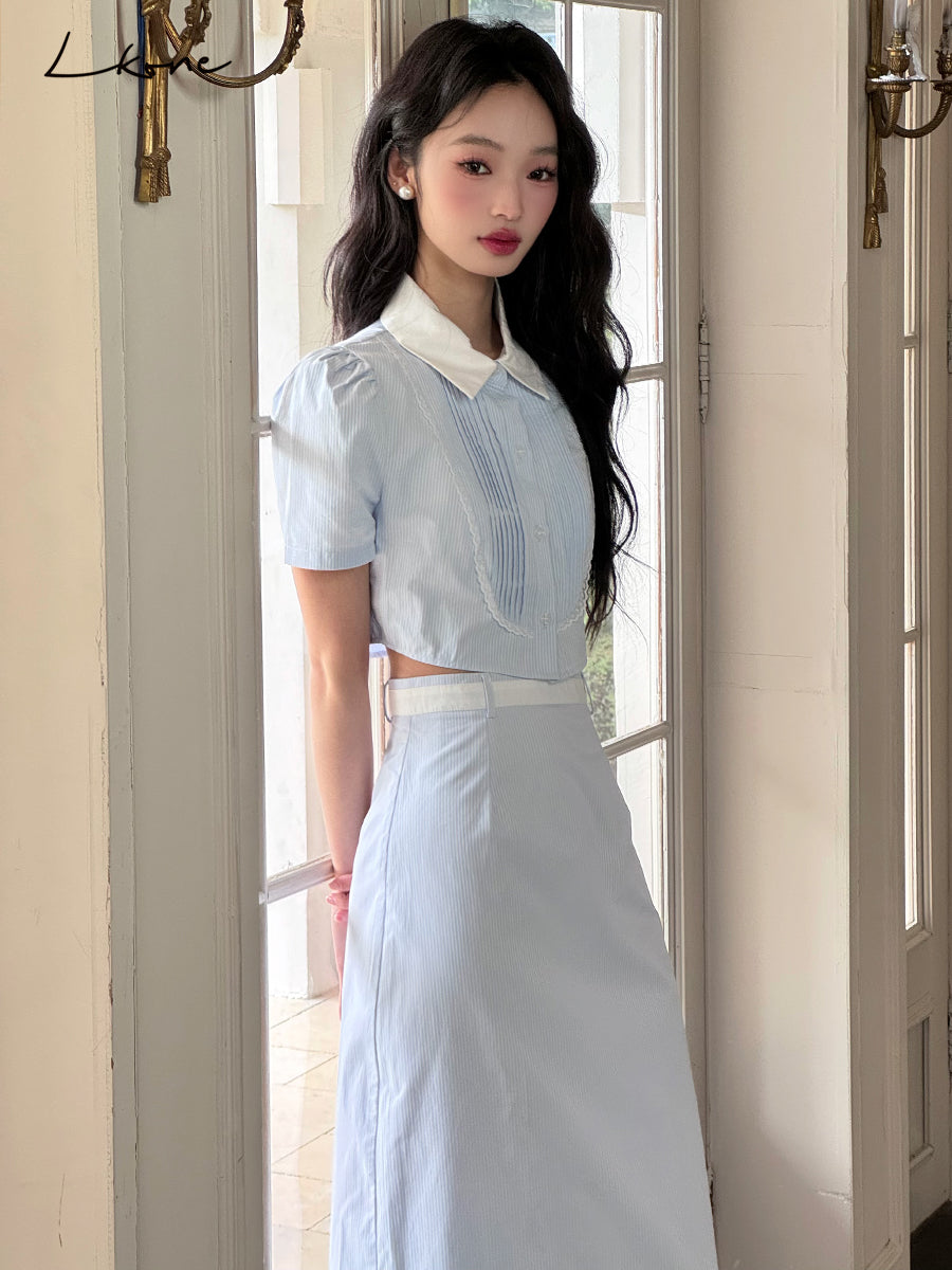 Cropped Two-Tone Pintuck Blouse & Midi Skirt