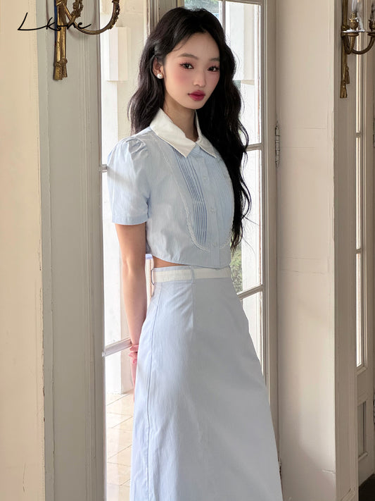 Cropped Two-Tone Pintuck Blouse & Midi Skirt