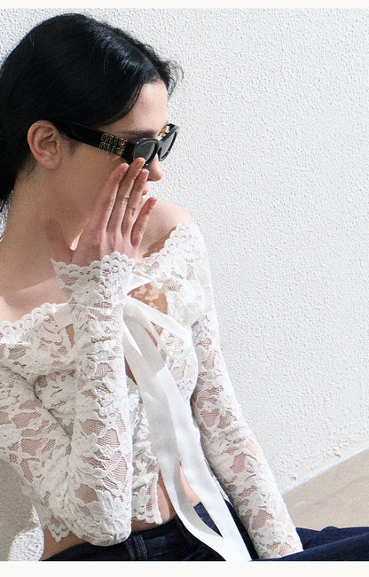 Sheer Lace Ribbon-Tie Top And Matching Skirt