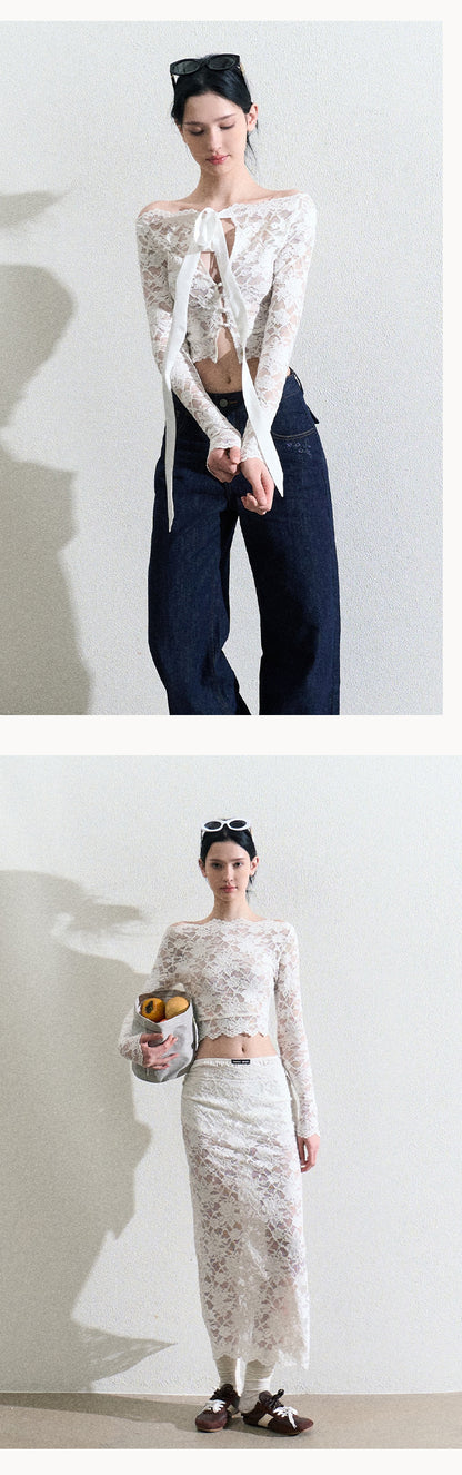 Sheer Lace Ribbon-Tie Top And Matching Skirt