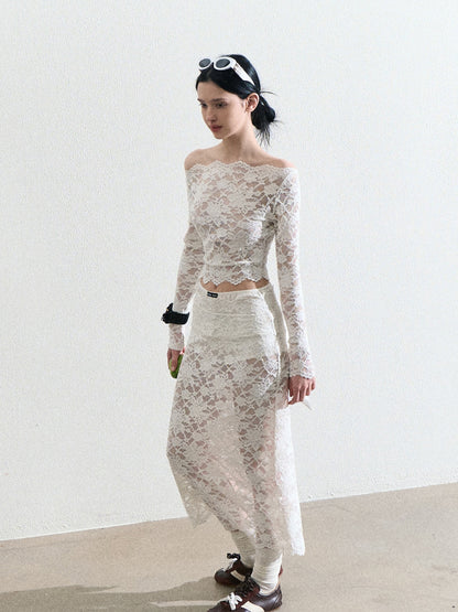 Sheer Lace Ribbon-Tie Top And Matching Skirt