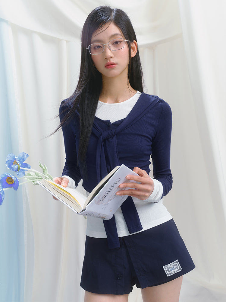 Contrast Cuffed Tie-Neck Button-Up Top And T-Shirt Set