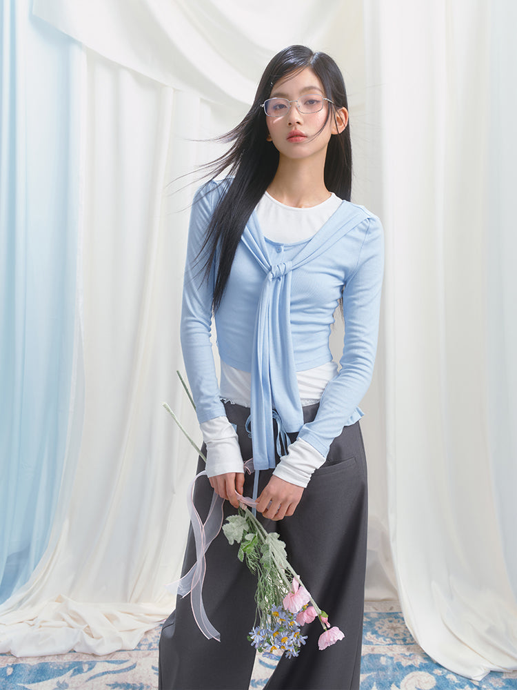 Contrast Cuffed Tie-Neck Button-Up Top And T-Shirt Set