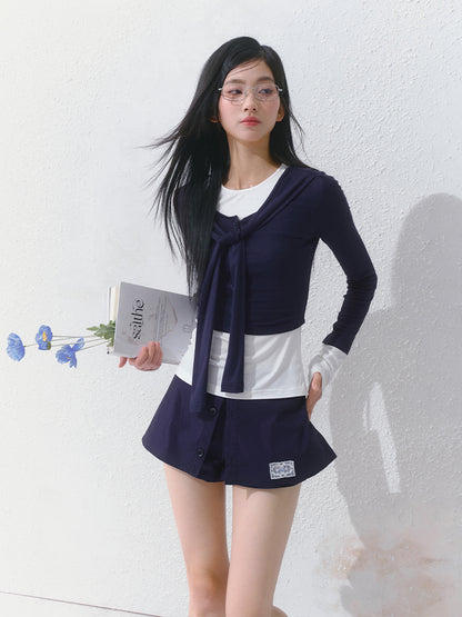 Contrast Cuffed Tie-Neck Button-Up Top And T-Shirt Set