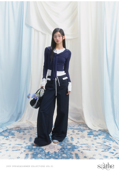 Contrast Cuffed Tie-Neck Button-Up Top And T-Shirt Set