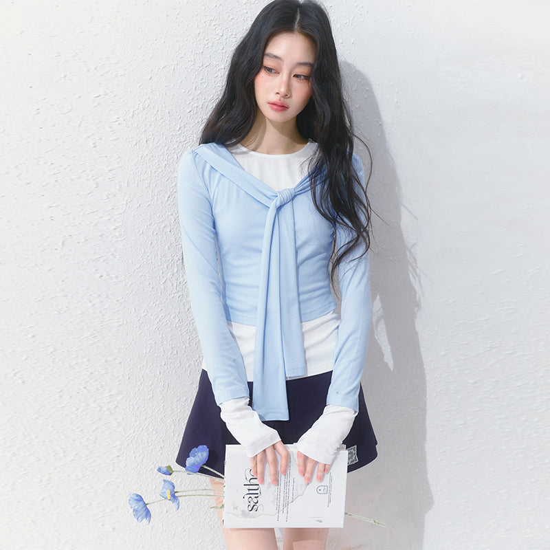 Contrast Cuffed Tie-Neck Button-Up Top And T-Shirt Set