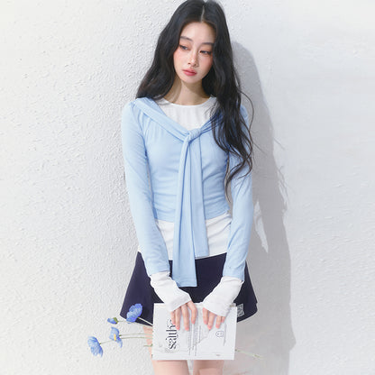 Contrast Cuffed Tie-Neck Button-Up Top And T-Shirt Set