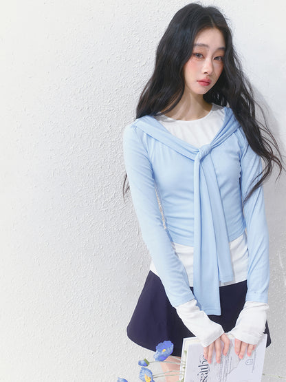 Contrast Cuffed Tie-Neck Button-Up Top And T-Shirt Set