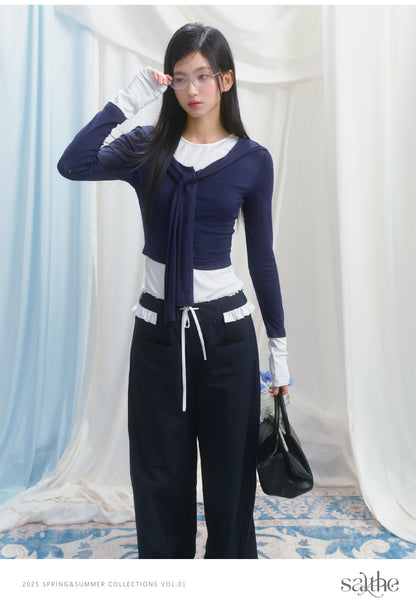 Contrast Cuffed Tie-Neck Button-Up Top And T-Shirt Set