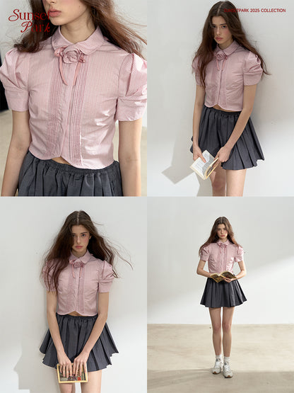 Pleated Puff-Sleeve Cropped Blouse
