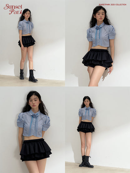 Pleated Puff-Sleeve Cropped Blouse