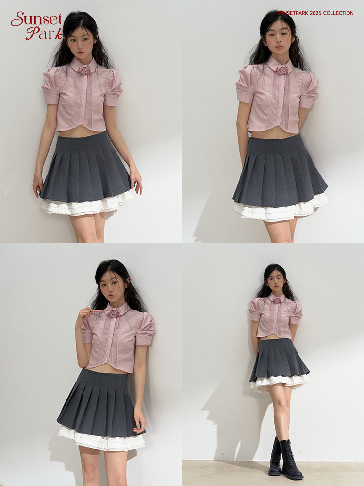 Pleated Puff-Sleeve Cropped Blouse