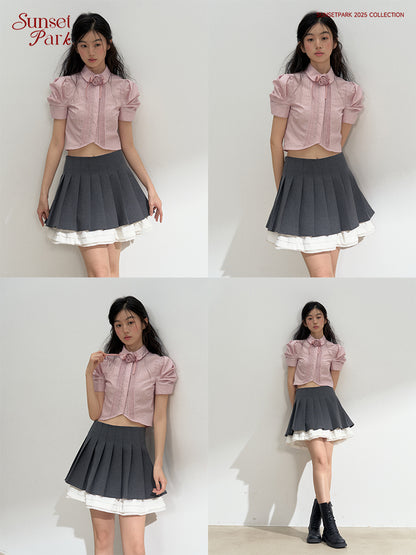 Pleated Puff-Sleeve Cropped Blouse