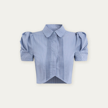 Pleated Puff-Sleeve Cropped Blouse