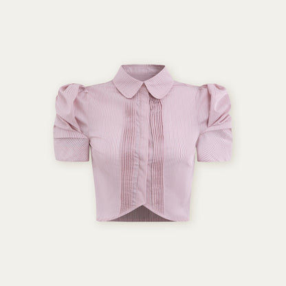 Pleated Puff-Sleeve Cropped Blouse