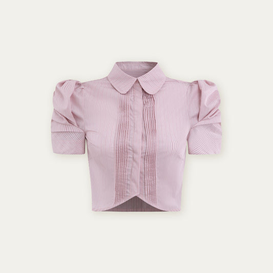 Pleated Puff-Sleeve Cropped Blouse