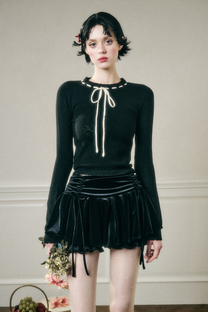 Contrast Bow Neck Pointelle Fitted Knit Top