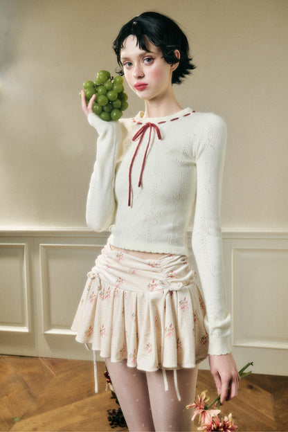 Contrast Bow Neck Pointelle Fitted Knit Top