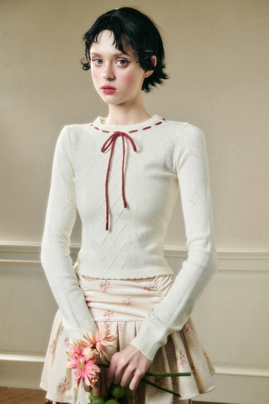 Contrast Bow Neck Pointelle Fitted Knit Top