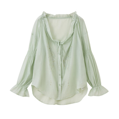 Smocked Sleeve Sparkling Butterfly Blouse