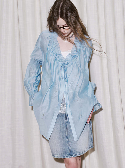 Smocked Sleeve Sparkling Butterfly Blouse
