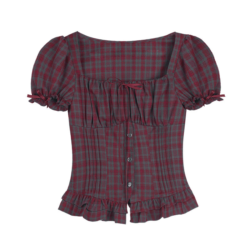 Puff-Sleeve Bustier Blouse In Plaid