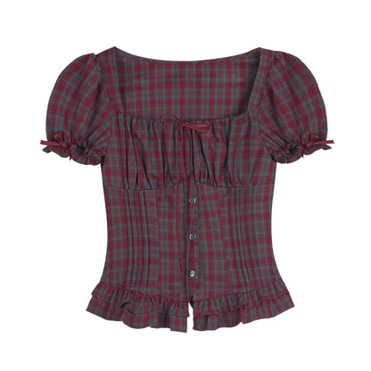 Puff-Sleeve Bustier Blouse In Plaid