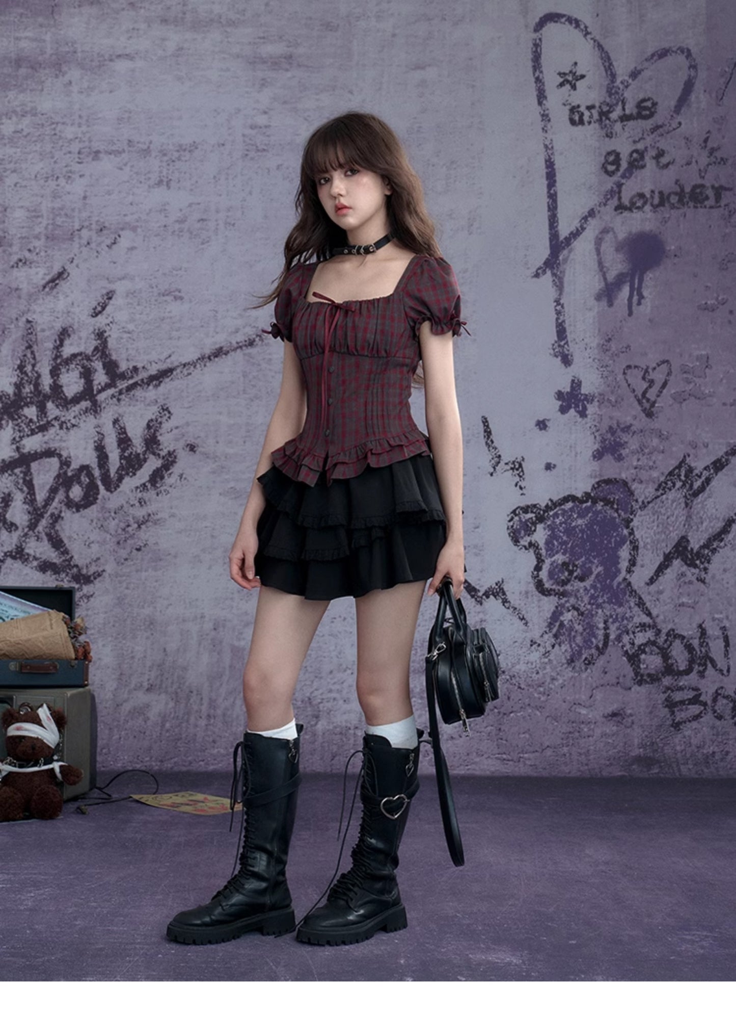 Puff-Sleeve Bustier Blouse In Plaid