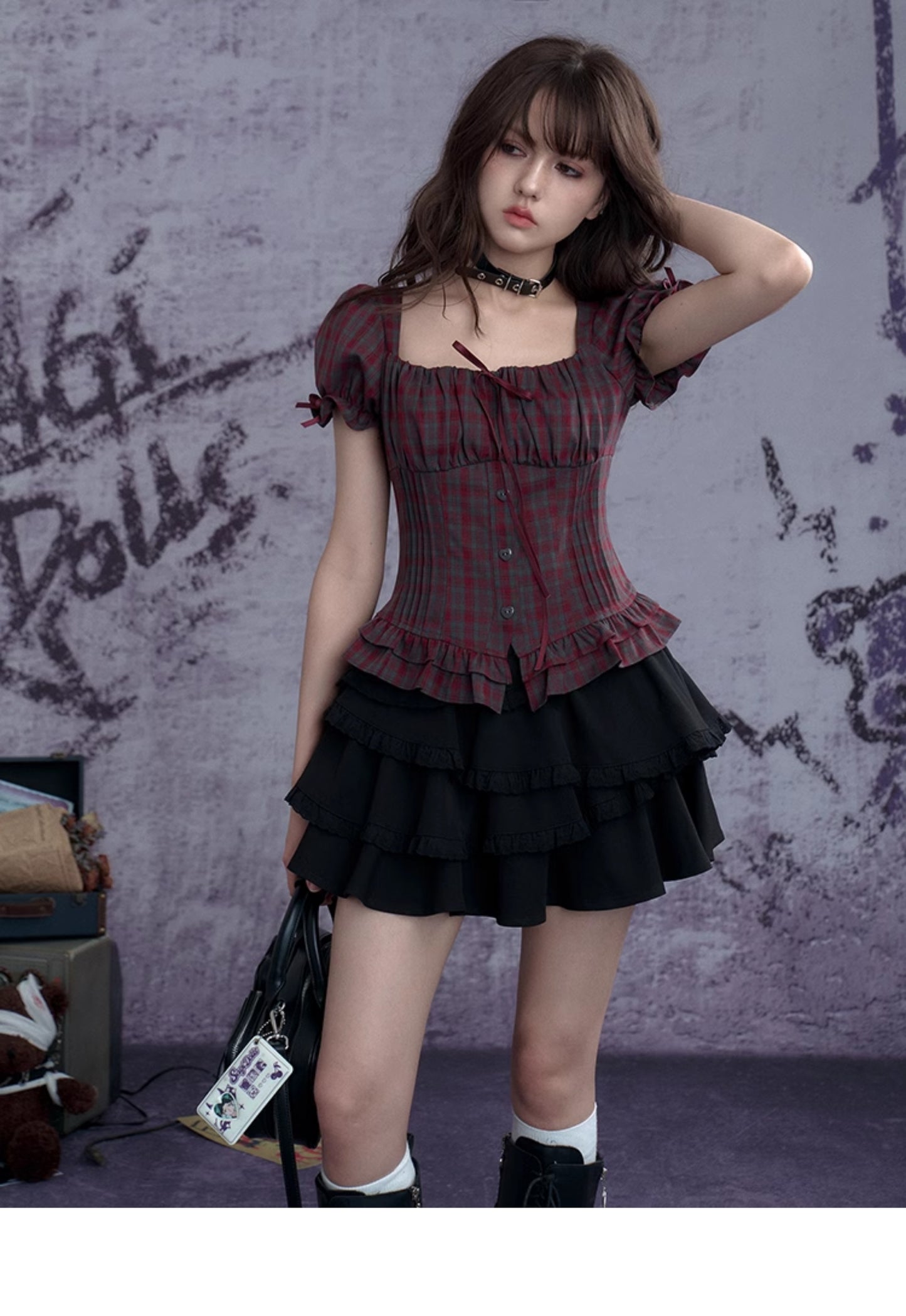 Puff-Sleeve Bustier Blouse In Plaid