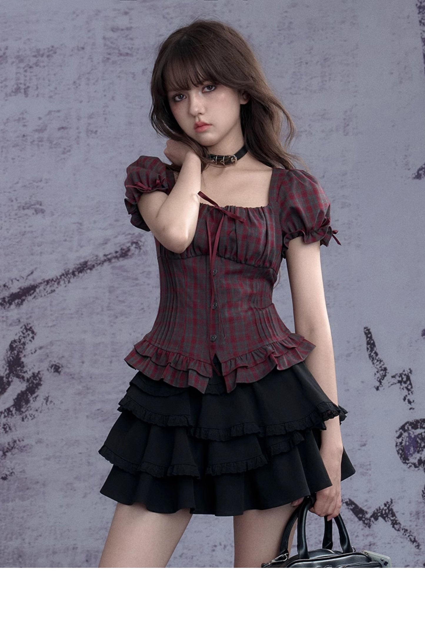 Puff-Sleeve Bustier Blouse In Plaid