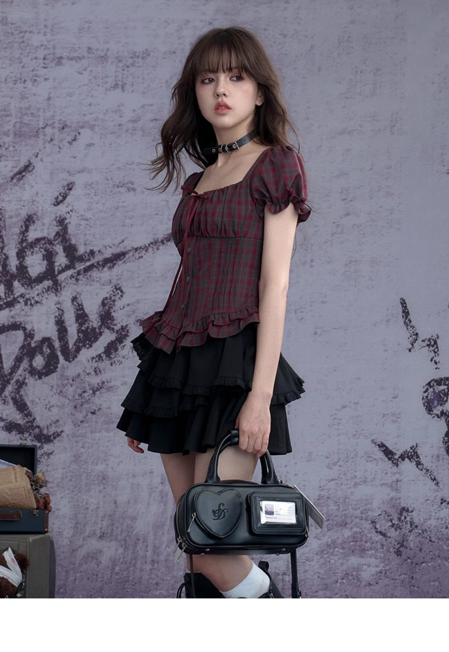 Puff-Sleeve Bustier Blouse In Plaid