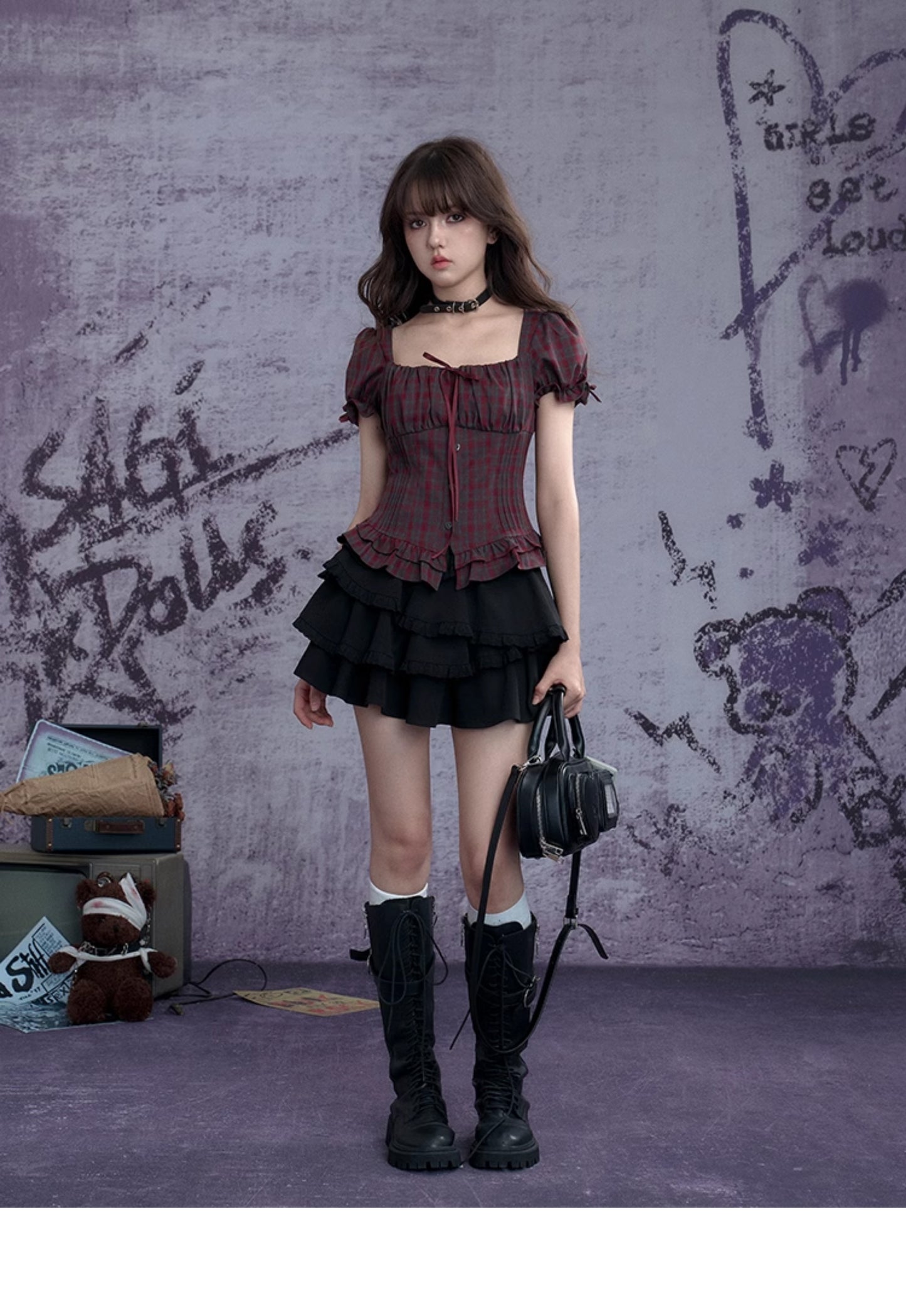 Puff-Sleeve Bustier Blouse In Plaid