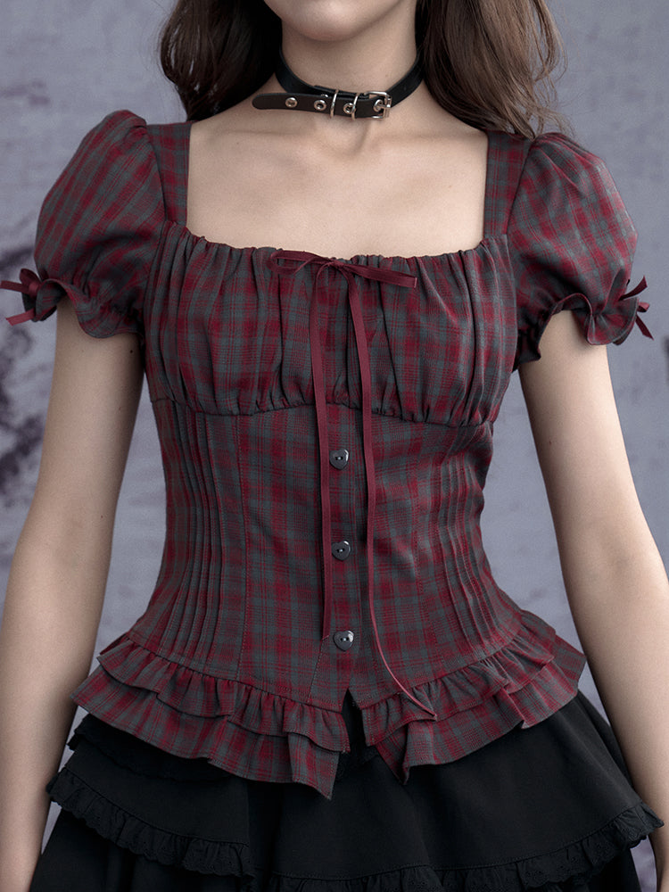 Puff-Sleeve Bustier Blouse In Plaid
