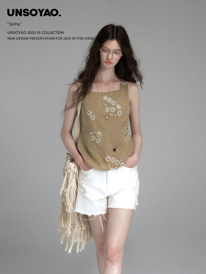 Sleeveless Floral Embroidered Top With Back Tie