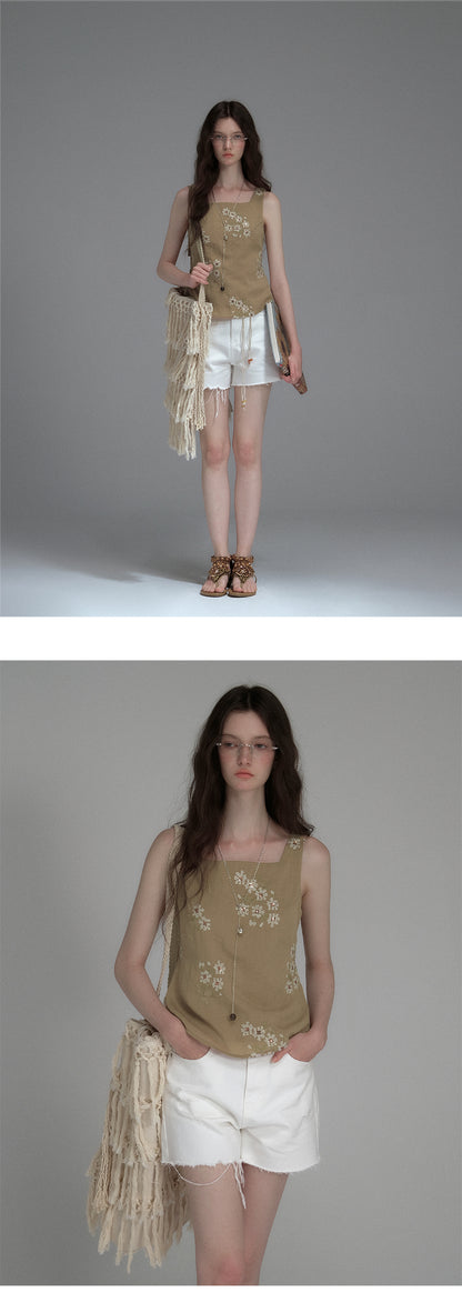 Sleeveless Floral Embroidered Top With Back Tie