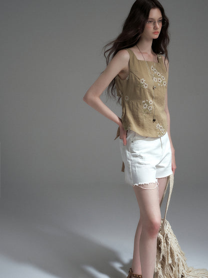 Sleeveless Floral Embroidered Top With Back Tie