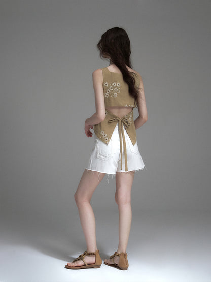 Sleeveless Floral Embroidered Top With Back Tie