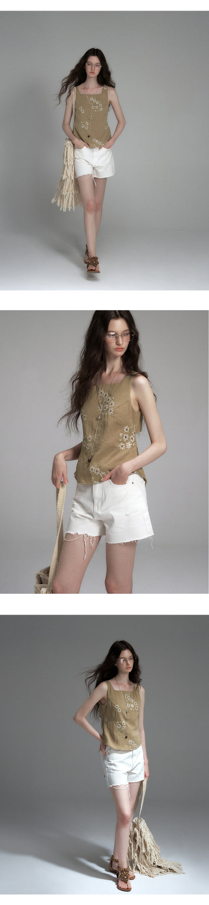 Sleeveless Floral Embroidered Top With Back Tie
