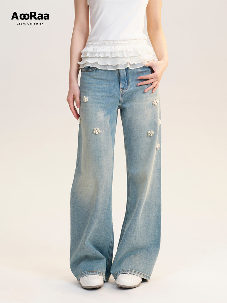 Beaded Flower-Accent Washed Jeans