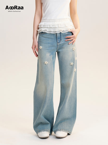 Beaded Flower-Accent Washed Jeans