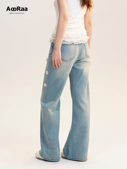 Beaded Flower-Accent Washed Jeans