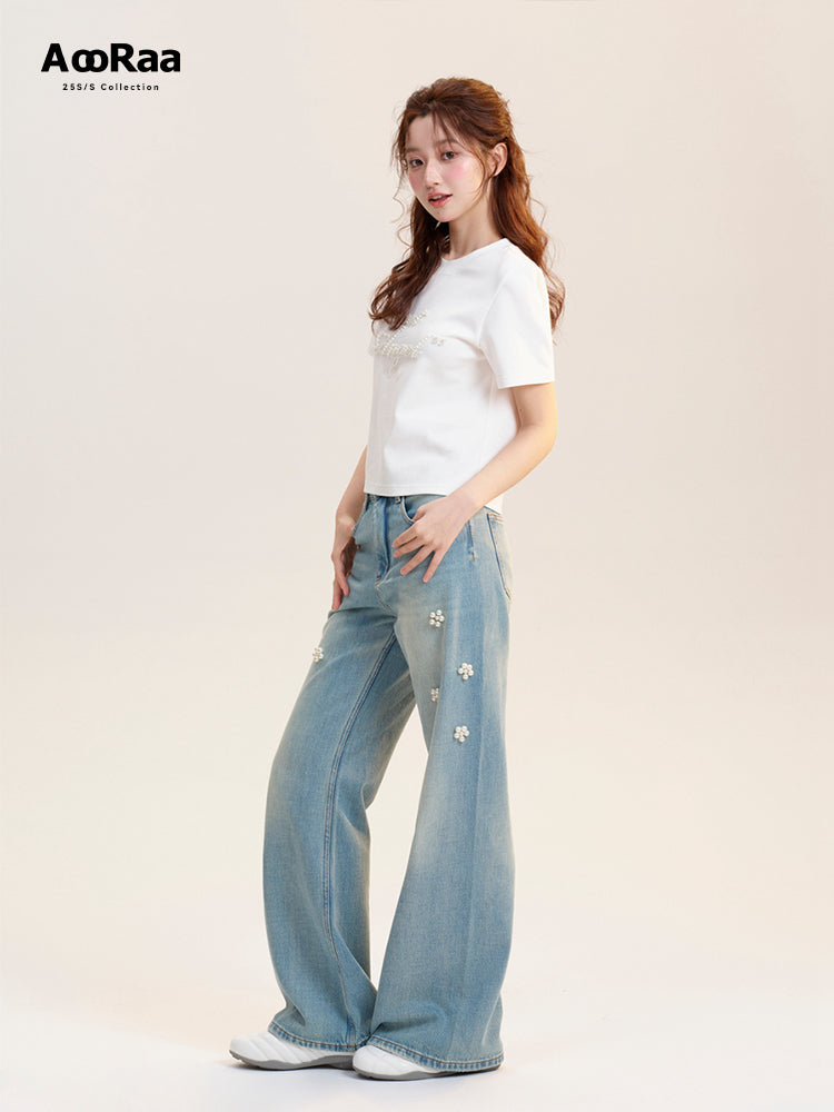 Beaded Flower-Accent Washed Jeans