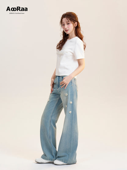 Beaded Flower-Accent Washed Jeans