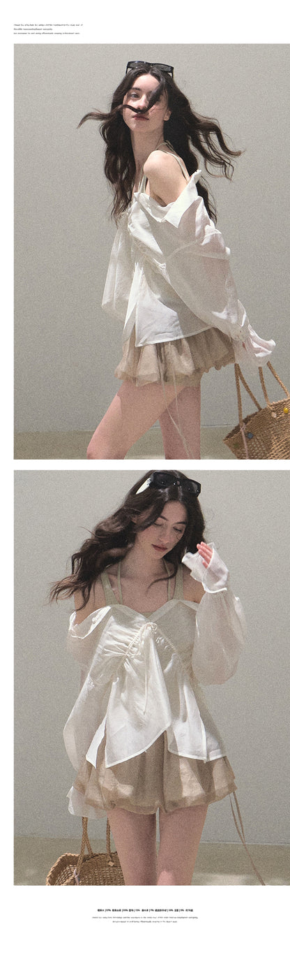 Off Shoulder Sheen Shirt And Tank Top Set