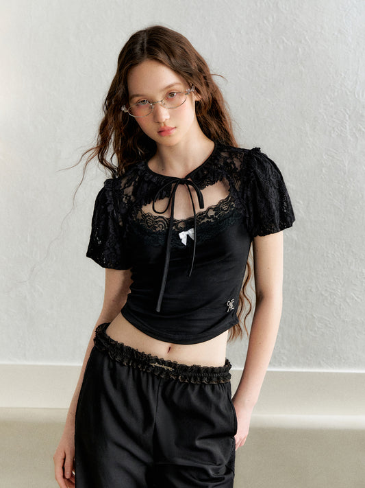 Floral Lace Short-Sleeve Top With Tie Neck