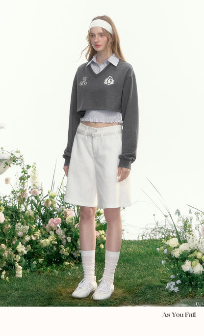 Sleeveless Shirred Shirt & Cropped V-Neck Sweatshirt