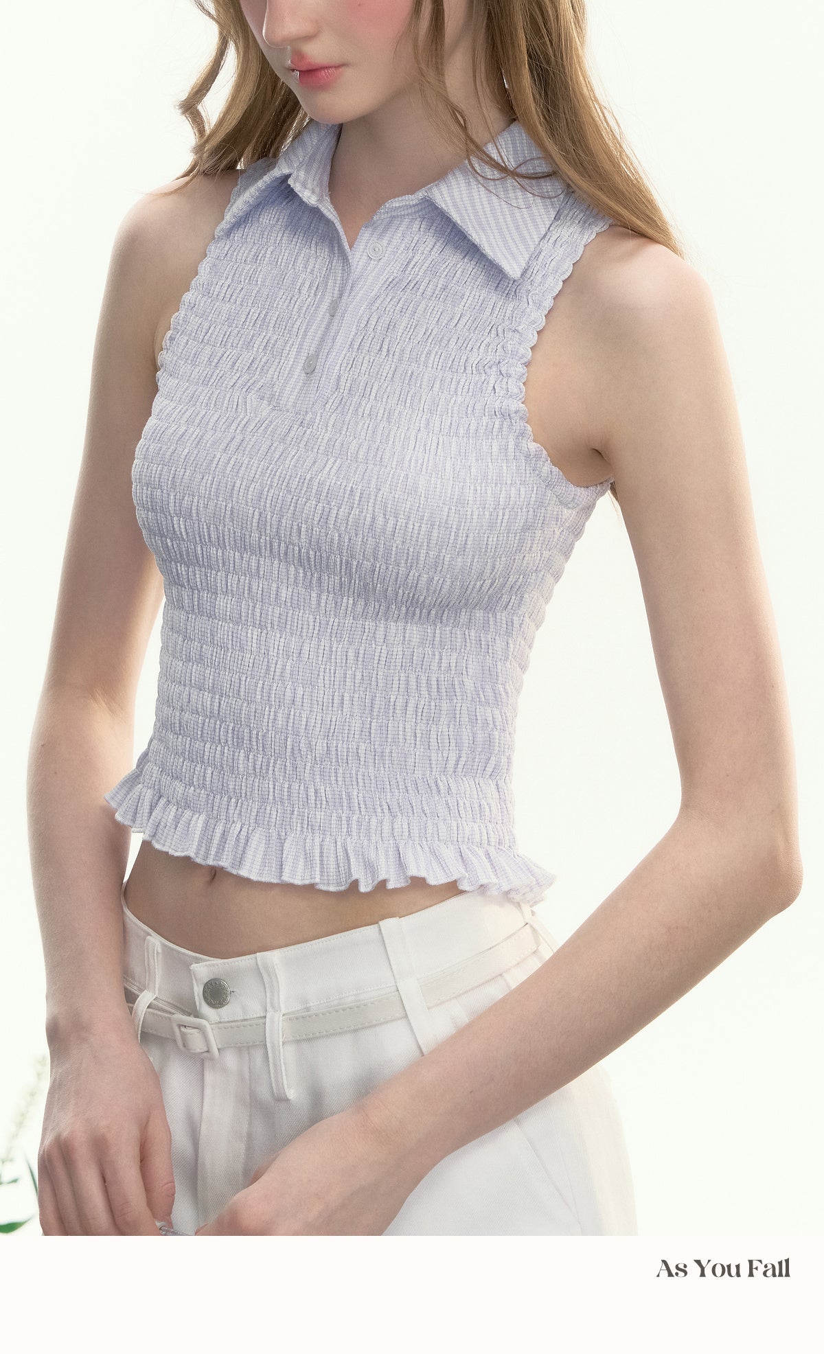 Sleeveless Shirred Shirt & Cropped V-Neck Sweatshirt