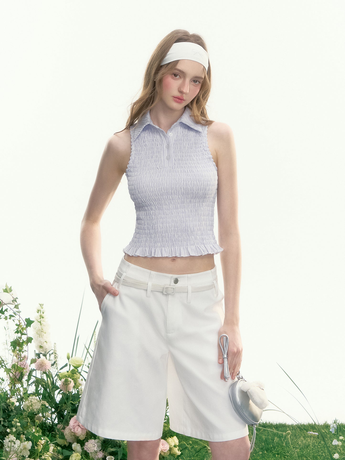 Sleeveless Shirred Shirt & Cropped V-Neck Sweatshirt
